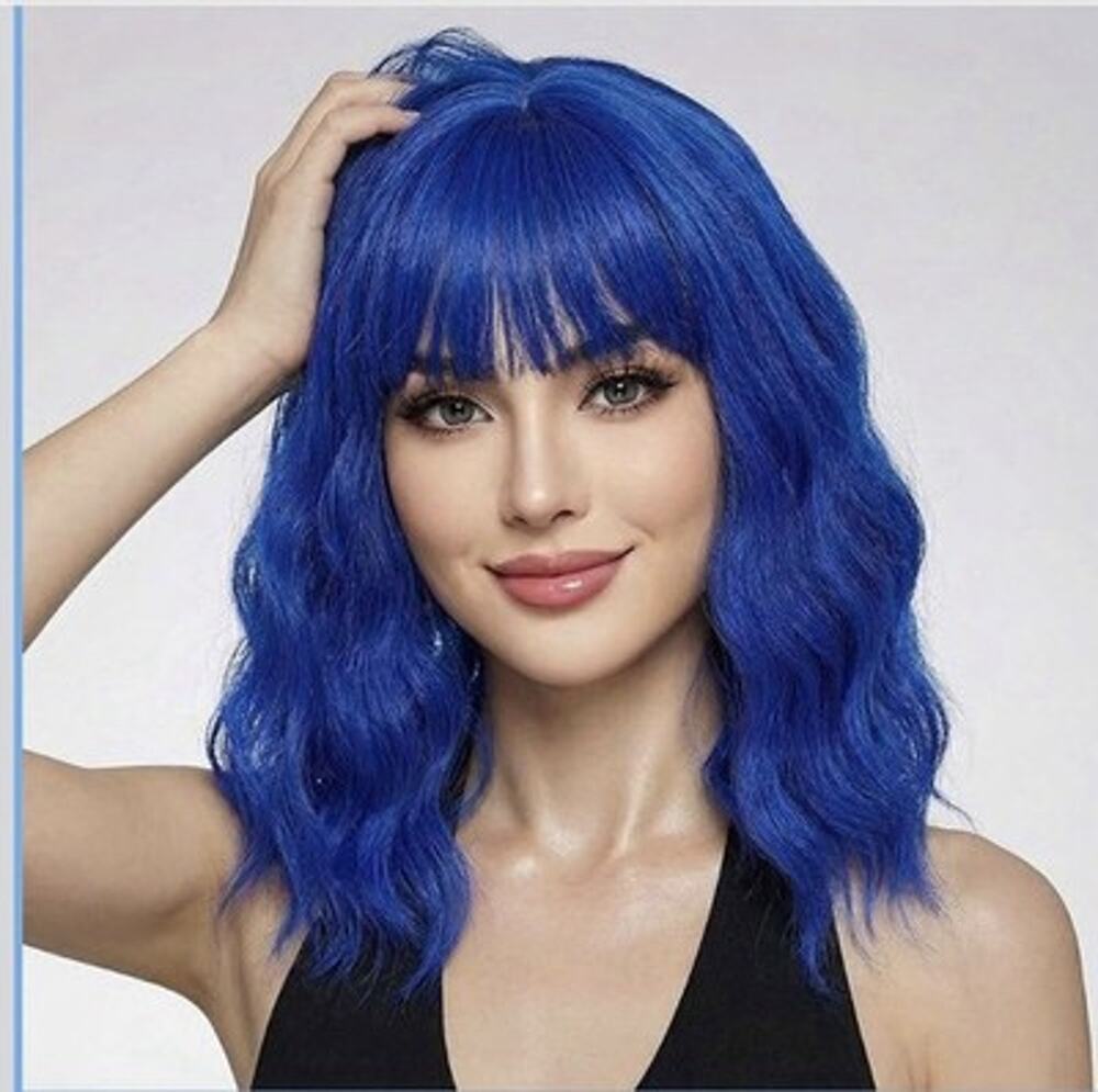 Dark Blue Wavy Bob Wig with Bangs, Short Shoulder Length Wig